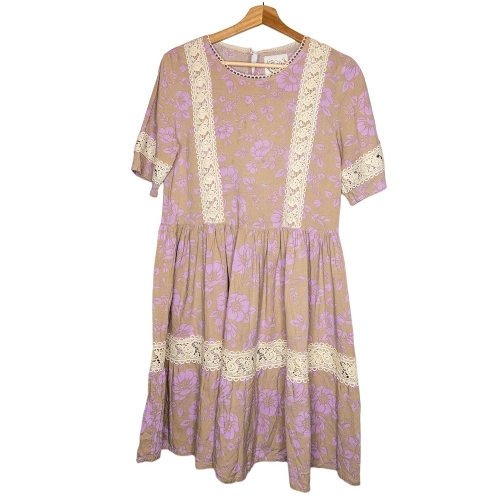 Sunday Mi Amor Mauve Floral Boho Crochet Lace Short Sleeve Dress Size Small